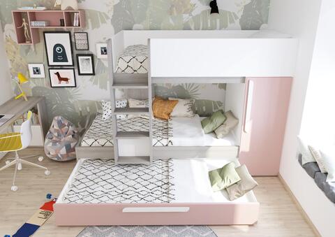 Łóżko piętrowe dla trzech dziewczynek Bo7 różowe