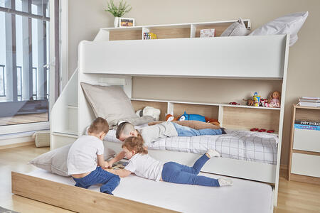 Łóżko piętrowe dla trójki dzieci z szufladą Bibliobed