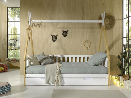 Łóżko dziecięce z naturalną szufladą i tkaniną Vigi