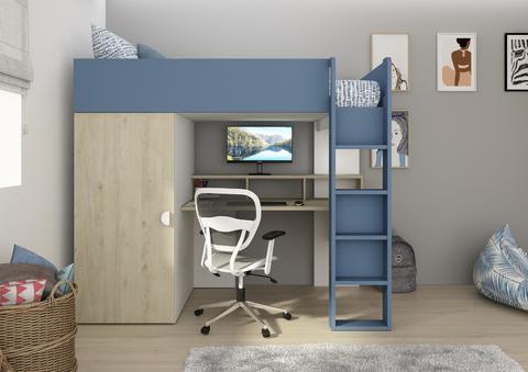 Podwyższone łóżko z biurkiem Flow - niebieskie