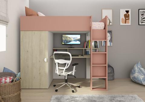 Podwyższone łóżko z biurkiem Flow - różowe
