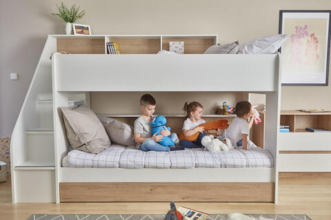 Łóżko piętrowe dla trójki dzieci z szufladą Bibliobed