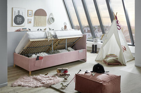 Łóżko dziecięce tapicerowane z miejscem 90 - Coll różowy