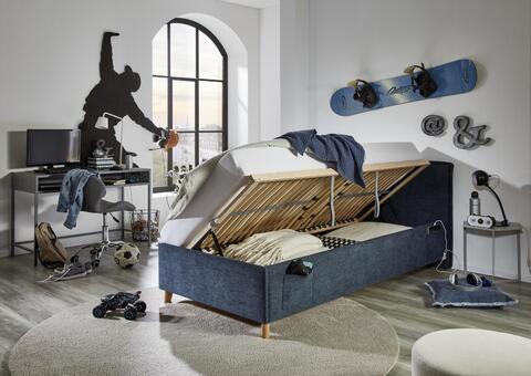 Tapicerowane łóżko dziecięce z funkcją spania Fun 120 - niebieskie