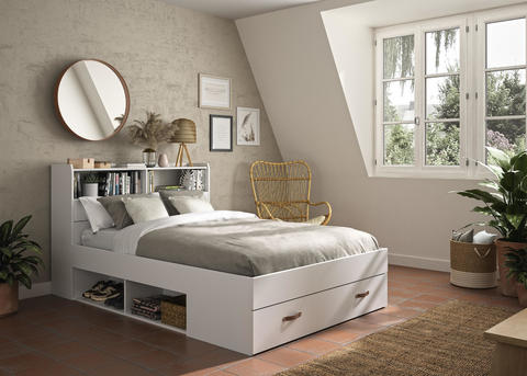 Designerskie łóżko z pojemnikiem, z nadstawką Sabia