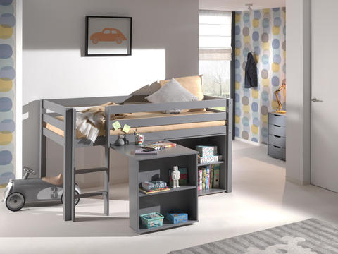 Dziecięce łóżko z litego drewna z biurkiem i półką Pino szare