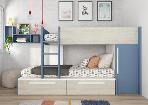 Łóżko piętrowe z szafą i szufladami Cascina - dymny niebieski