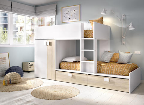 Łóżko piętrowe z szafą i szufladami Matt, white-grey oak
