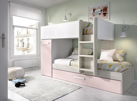 Łóżko piętrowe dla dwóch i trzech dziewczynek Tom, oak grey, white-pink