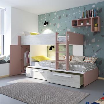Łóżko piętrowe z szafą i szufladami Cascina - Antyczny róż