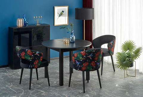 Zestaw jadalniany stół i trzy krzesła czarny, kwiaty