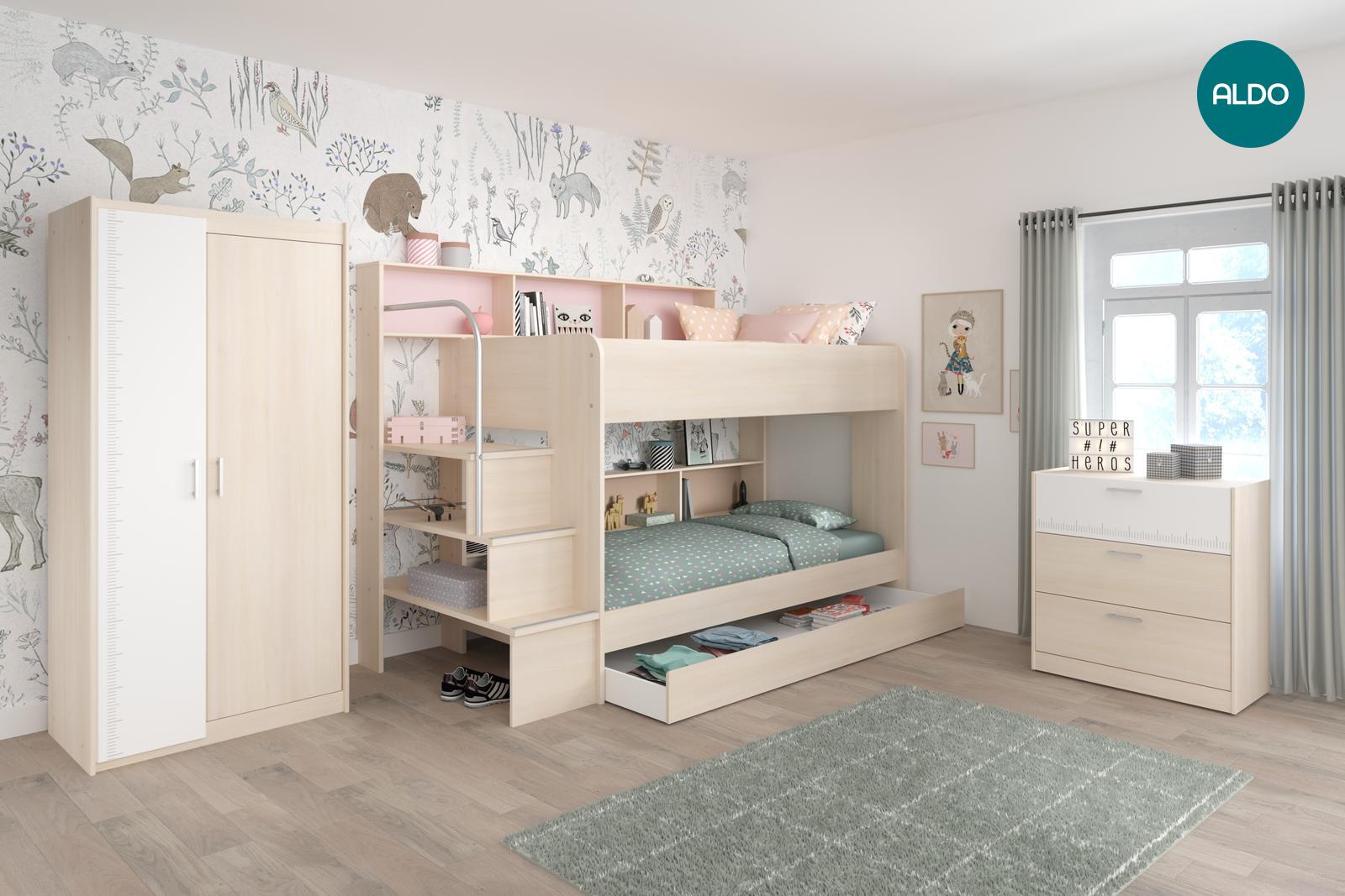 Pokój dziecięcy z łóżkiem piętrowym i biurkami Bibop