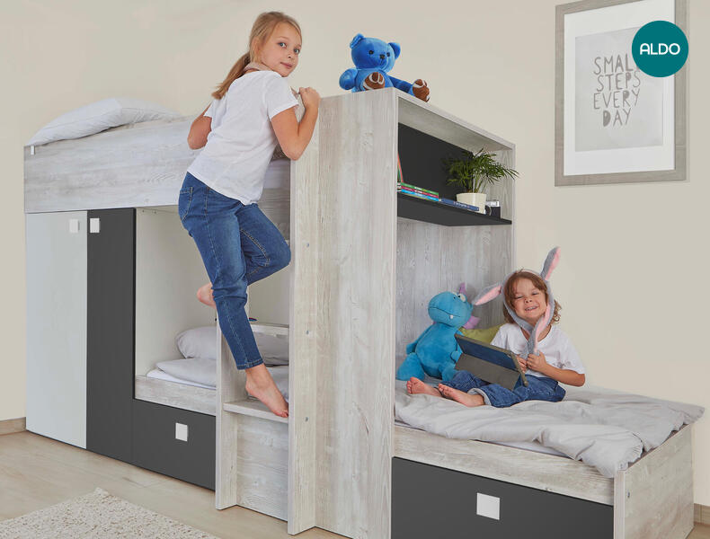 Łóżko piętrowe dla dwójki dzieci Bo1 90x200 – szare