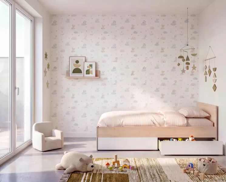 Łóżko dziecięce z szafką nocną, białe, dąb Shelter