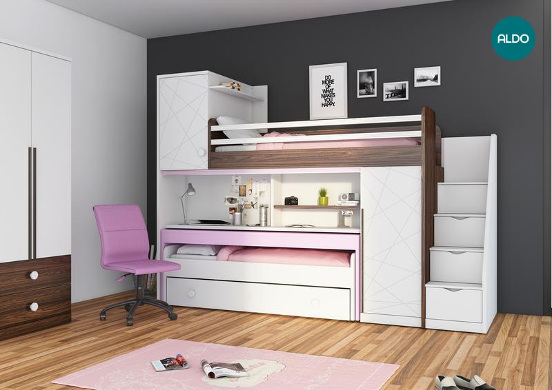 Łóżko piętrowe z biurkiem dla dziewczynek New Tower-pink
