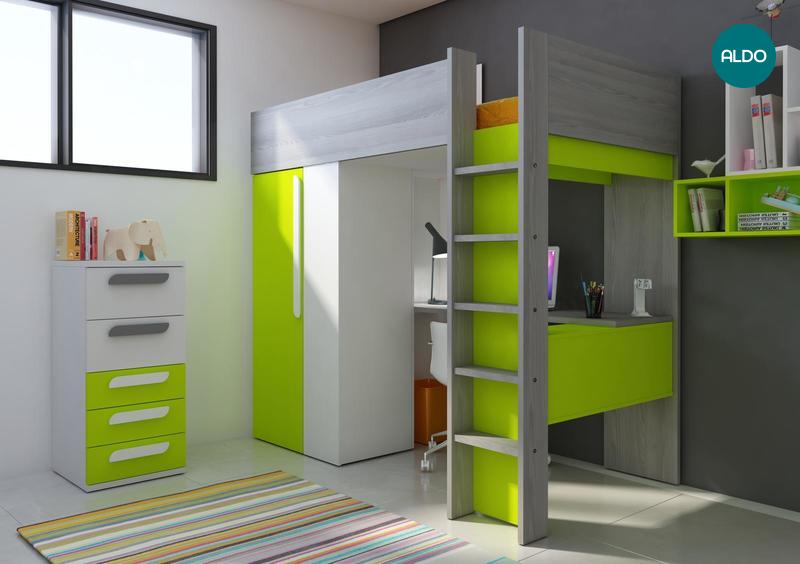 Łóżko piętrowe z szafą i biurkiem B, zielony
