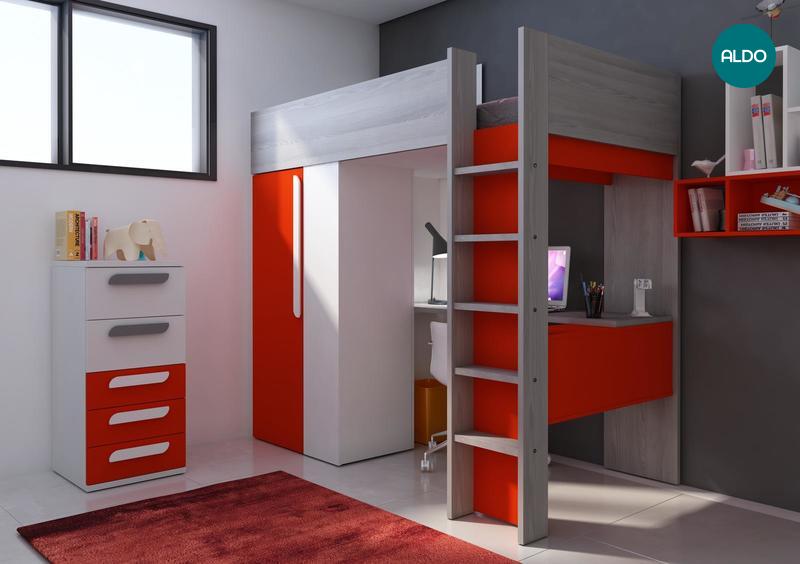 Łóżko piętrowe z szafą i biurkiem B, czerwony 