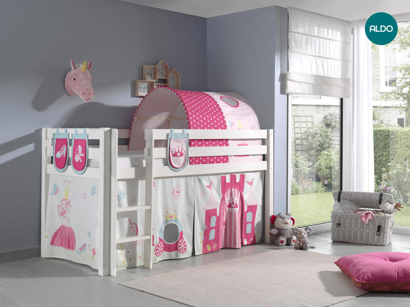 Białe dziecięce łóżko piętrowe z litego drewna dla dziewczynki Pino