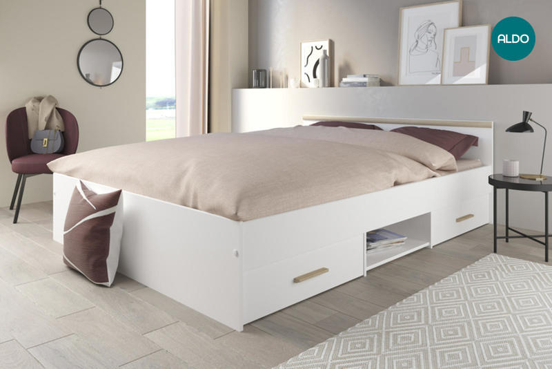 Białe łóżko z dwiema szufladami Earth 140x190 cm