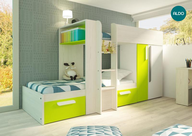 Łóżko piętrowe dla dwojga dzieci Bo1 90x190 - sosna bielona, zielona