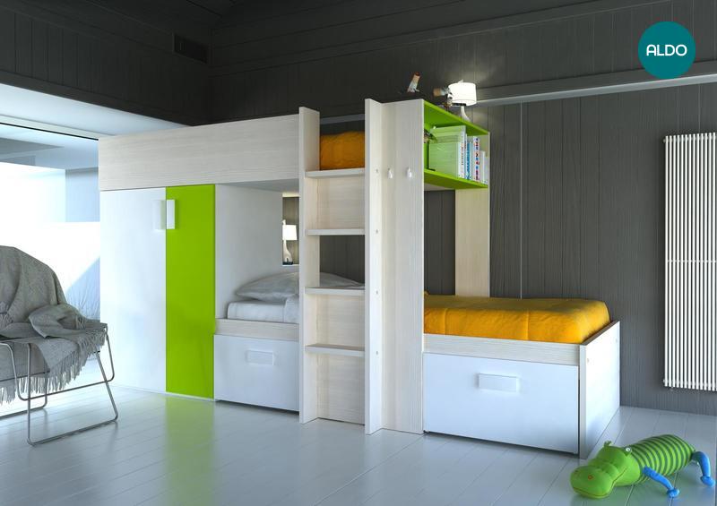 Łóżko piętrowe dla dwojga dzieci Bo3 - sosna bielona, zielona