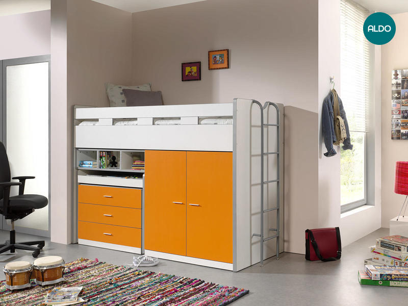 Wielofunkcyjne łóżko dziecięce z szafą i wysuwanym biurkiem Bonny - pomarańczowe