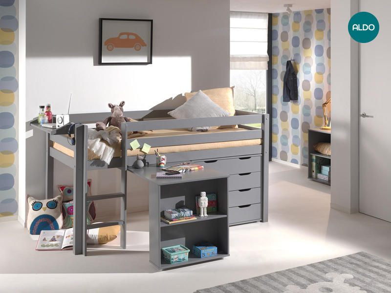 Dziecięce łóżko z litego drewna z biurkiem, komodą i półką Pino szare