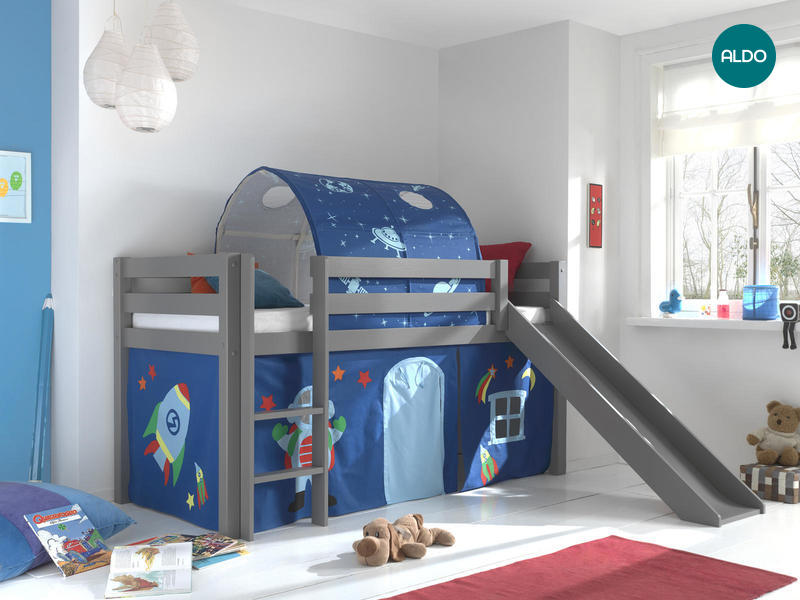 Łóżko dziecięce z litego drewna ze zjeżdżalnią Astro - Pino gray IV