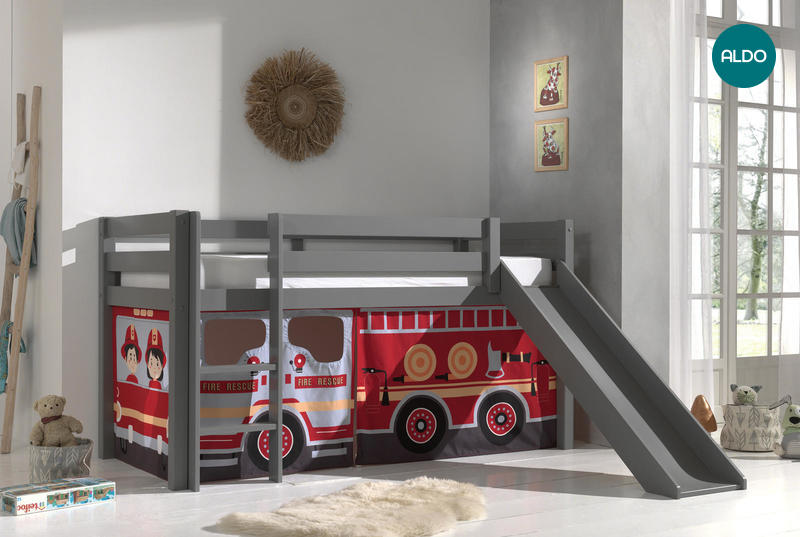 Łóżko dziecięce z litego drewna ze zjeżdżalnią Fire truck - Pino grey