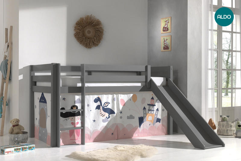 Łóżko dziecięce z litego drewna ze zjeżdżalnią Princess - Pino grey