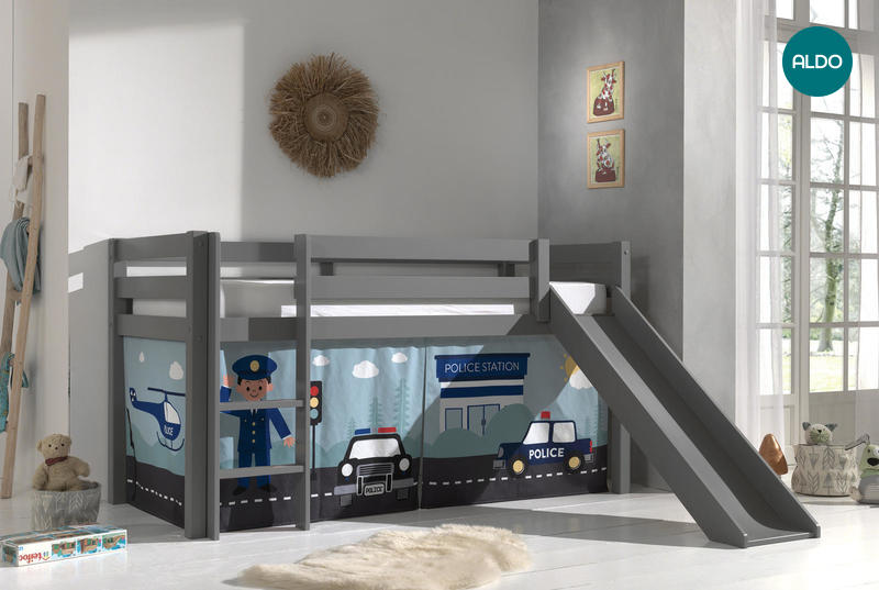 Łóżko dziecięce z litego drewna ze zjeżdżalnią Police - Pino grey