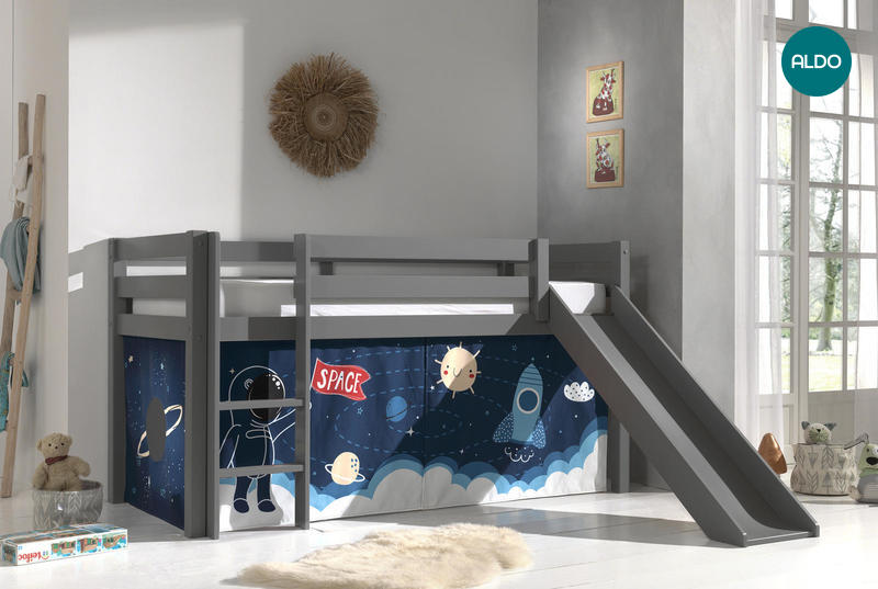 Łóżko dziecięce z litego drewna ze zjeżdżalnią Space - Pino grey I