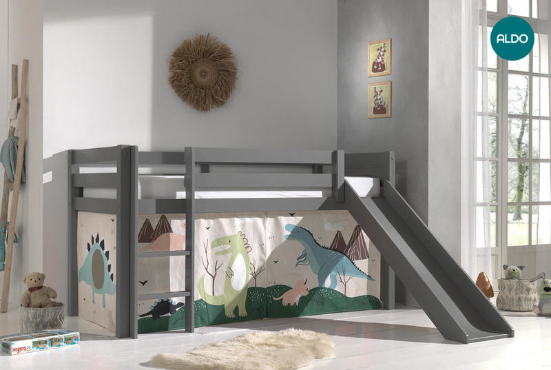 Łóżko dziecięce z litego drewna ze zjeżdżalnią Dino - Pino grey