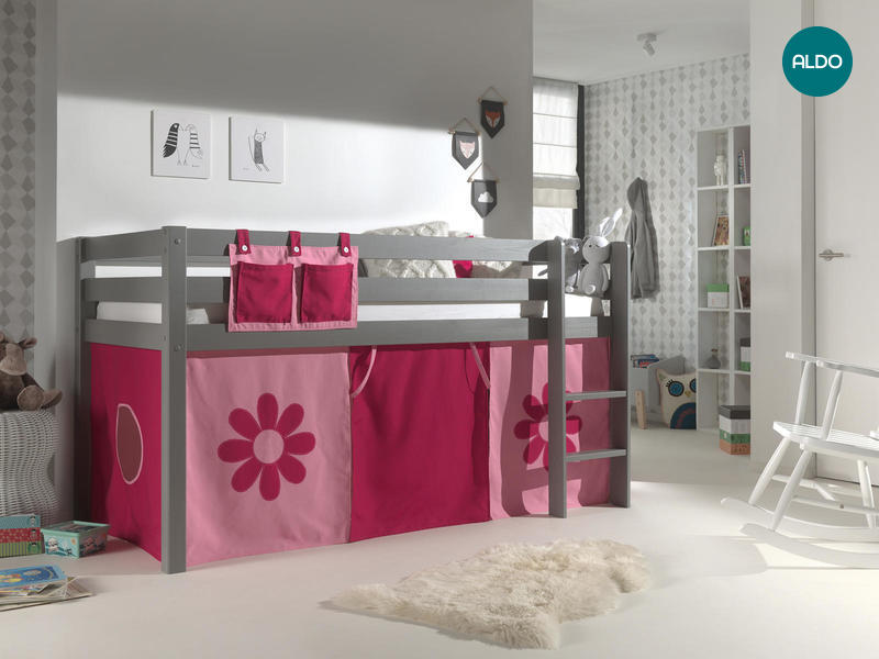 Łóżko dziecięce z litego drewna Pink Flower - Pino grey