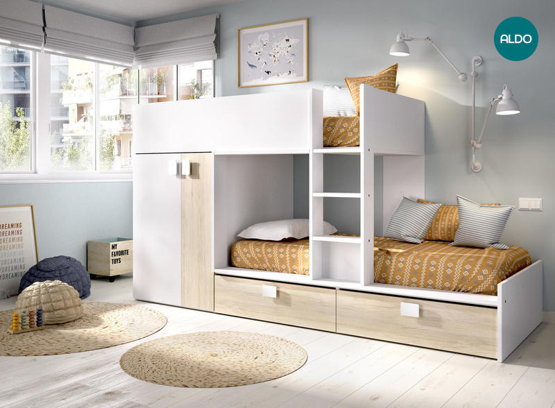 Łóżko piętrowe z szafą i szufladami Matt, white-grey oak