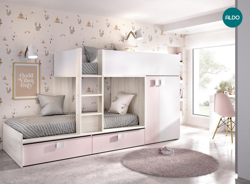 Łóżko piętrowe z szafą i szufladami Matt, white-pink