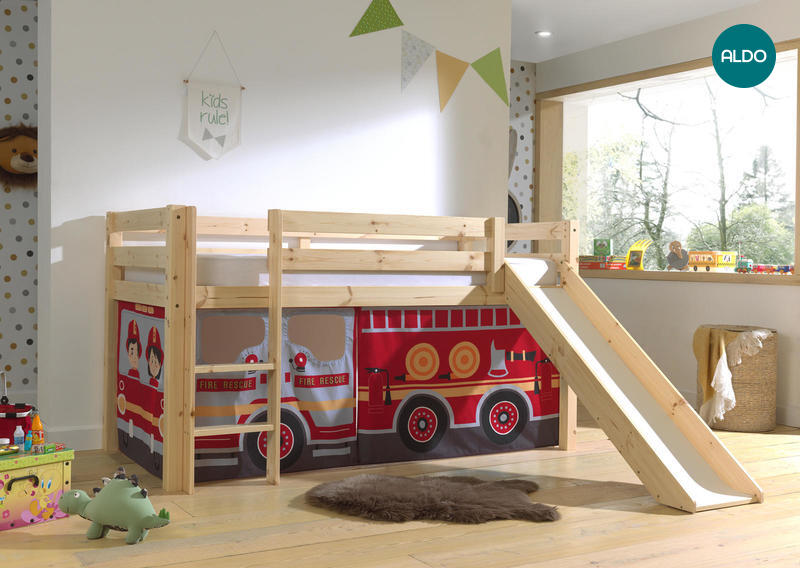 Łóżko dziecięce z litego drewna ze zjeżdżalnią Fire truck - Pino natural