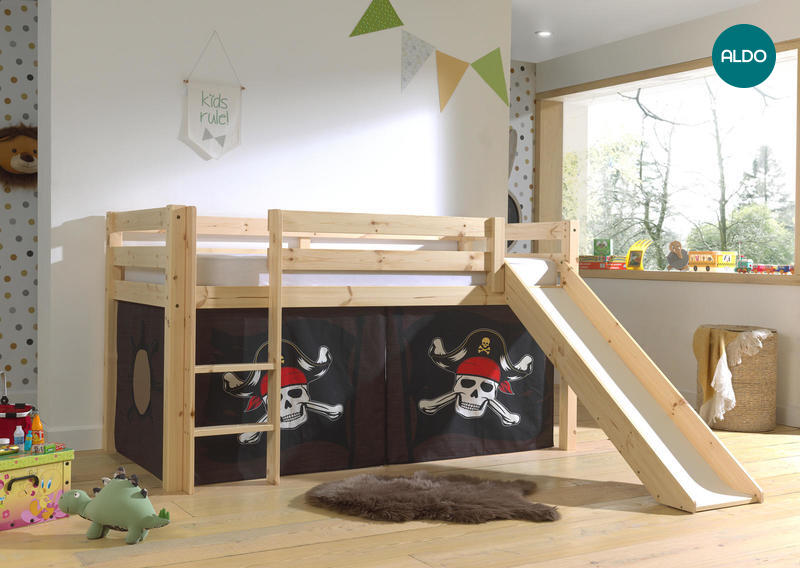 Łóżko dziecięce z litego drewna ze zjeżdżalnią Pirate - Pino natural