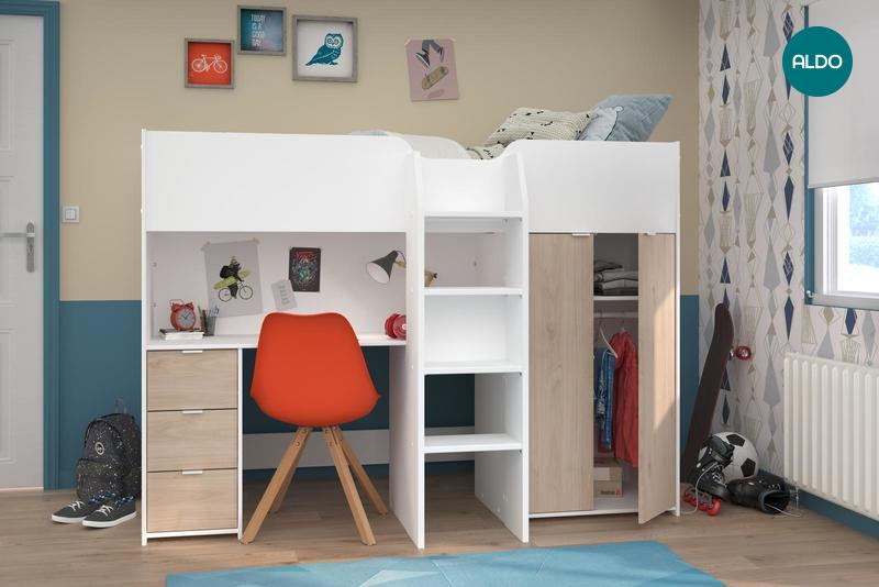 Łóżko piętrowe z biurkiem i szafą dla dziewczynek i chłopców - Tom